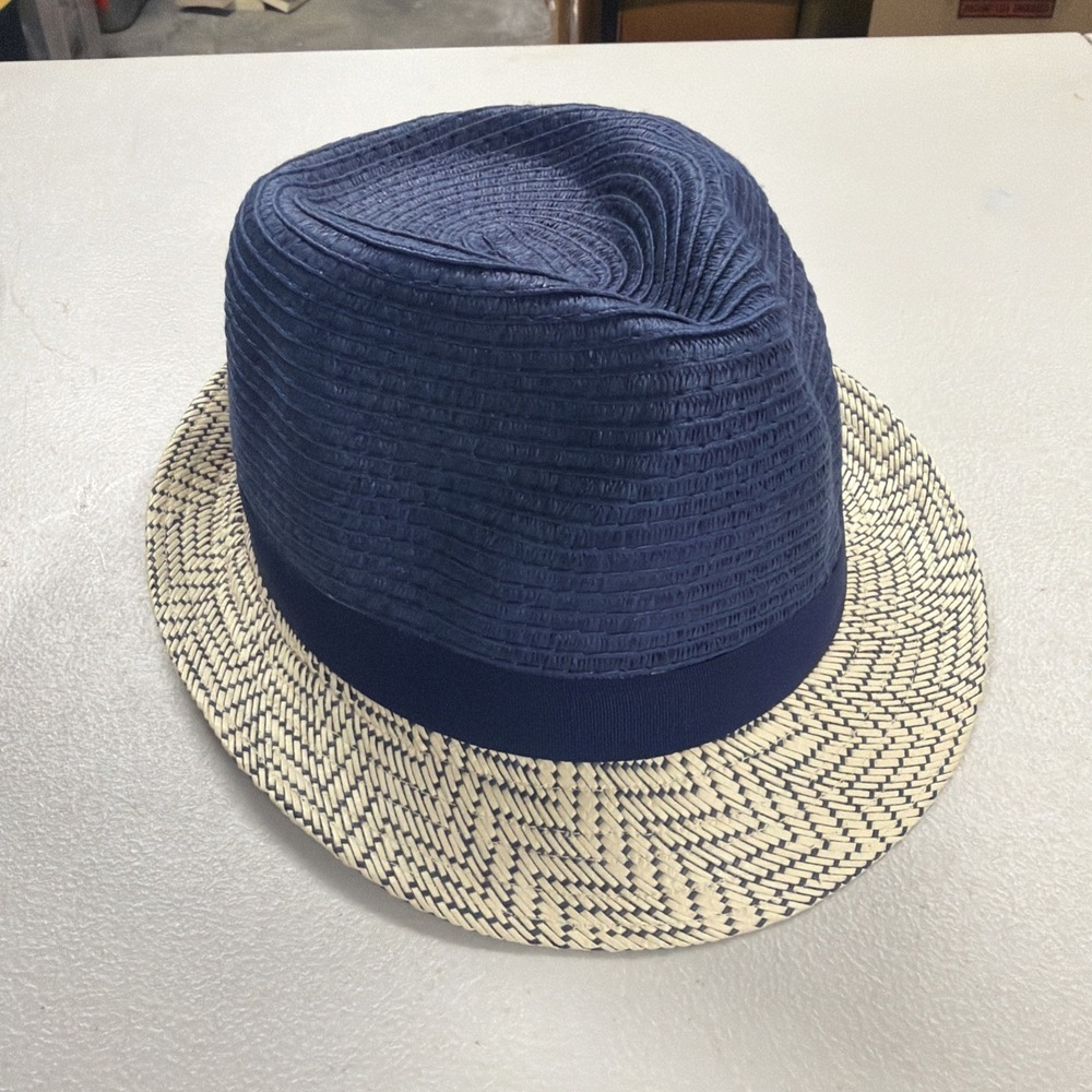 14th & Union two-tone paper-straw fedora with a blue crown and a natural woven